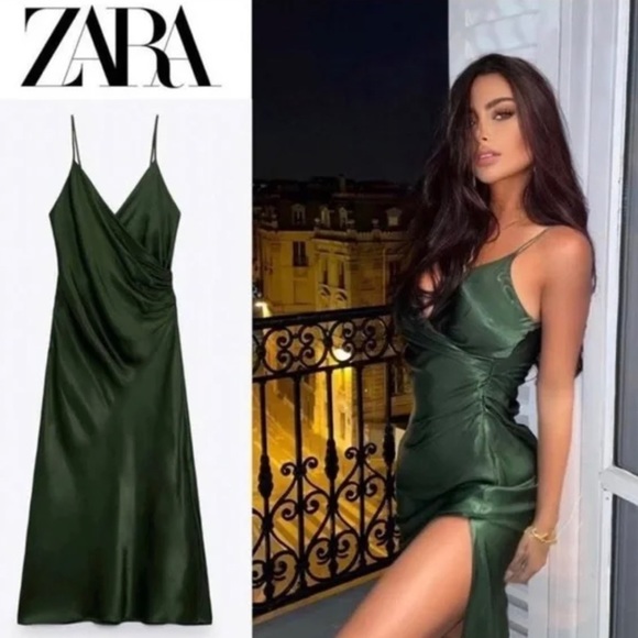 Zara Green Draped Midi Dress Satin Effect - Picture 2 of 4